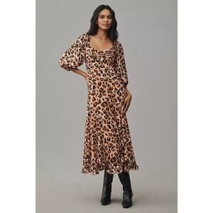 NWT Hutch Printed Twist-Front Puff-Sleeve Ruffle-Hem Dress Sz LP Leopard 9G503